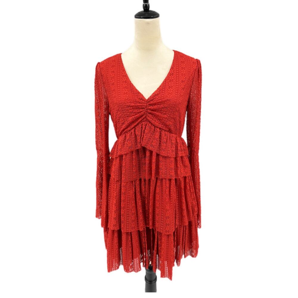 Chelsea & Violet Burnt Orange Floral Lace Whimsy Sleeve Tiered Flirty Mini Dress